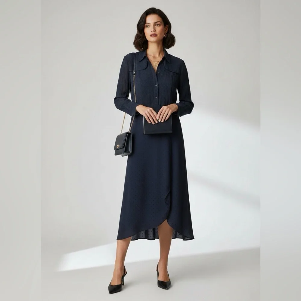 Sandro Paris Navy Swiss Dot Pleated Midi Shirt Dress Scallop Yoke 12 - Picture 1 of 15